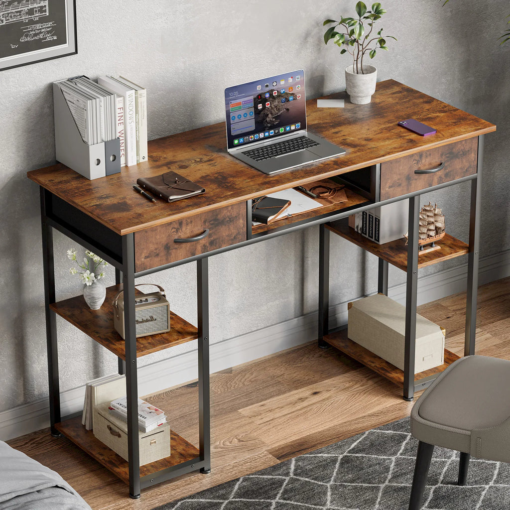 JHK 48 Inch Computer Gaming Desk with Fabric Drawers Storage Shelves Metal Frame Adjustable Feet Table For Bedroom Home Office