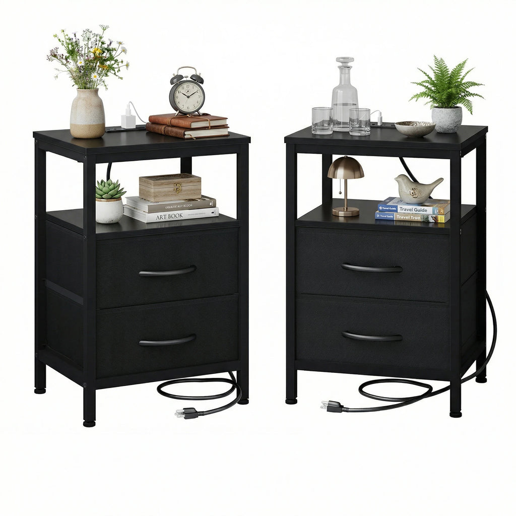 JHK 2 Fabric Drawers Nightstands Set of 2 with Open Shelf Bedside Table with USB Ports Charging Station for Living Room Bedroom
