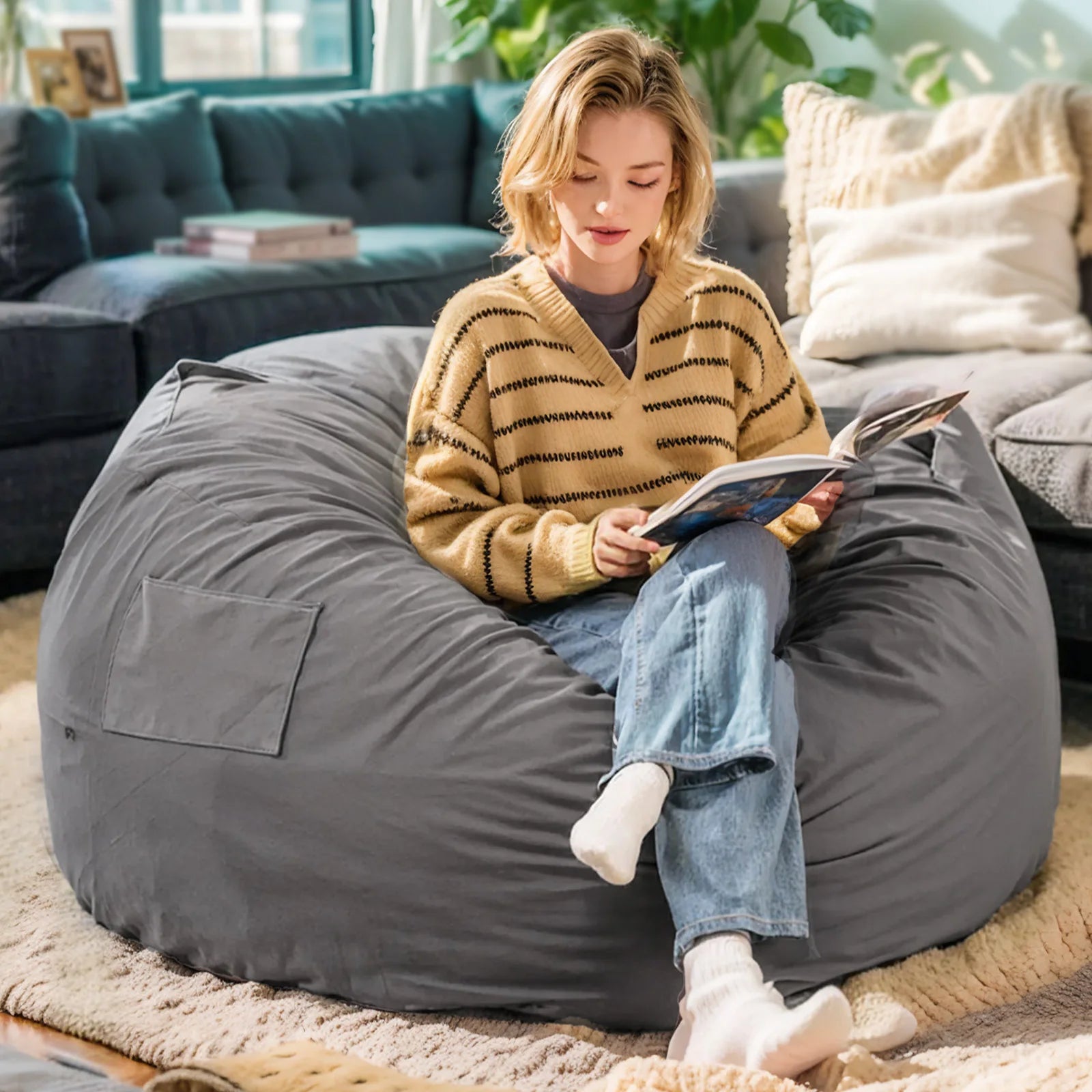 JHK Oversized 3/4FT Bean Bag Chair for Gaming Reading Lazy Sofa Foam Filled Couch with Removable Cover Living Room Furniture