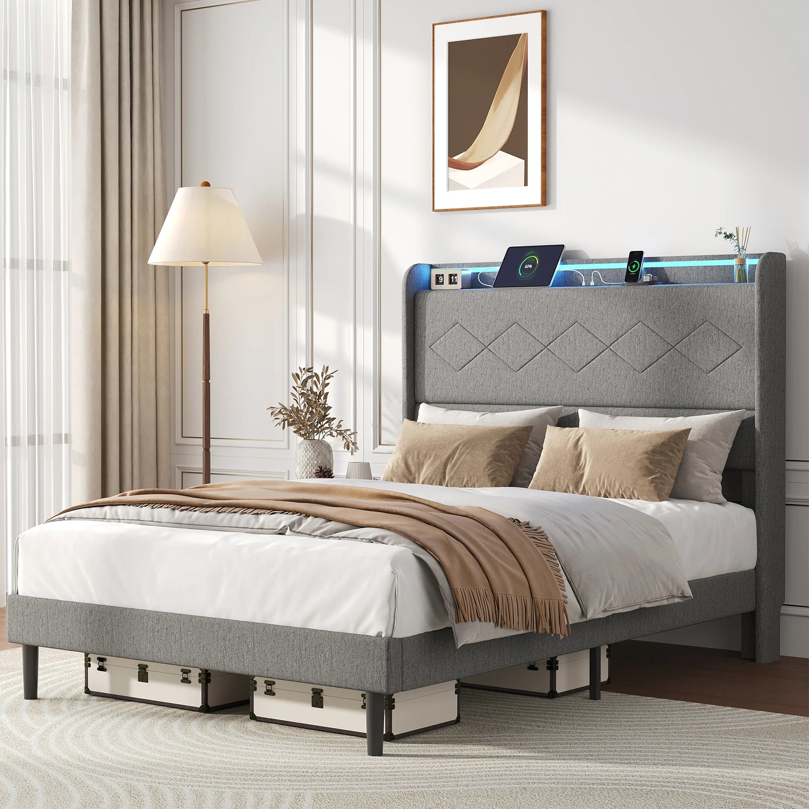 JHK Queen Size Upholstered Bed Frame with Adjustable Headboard 3 USB Charging Ports and LED Light Strip with Bluetooth Control