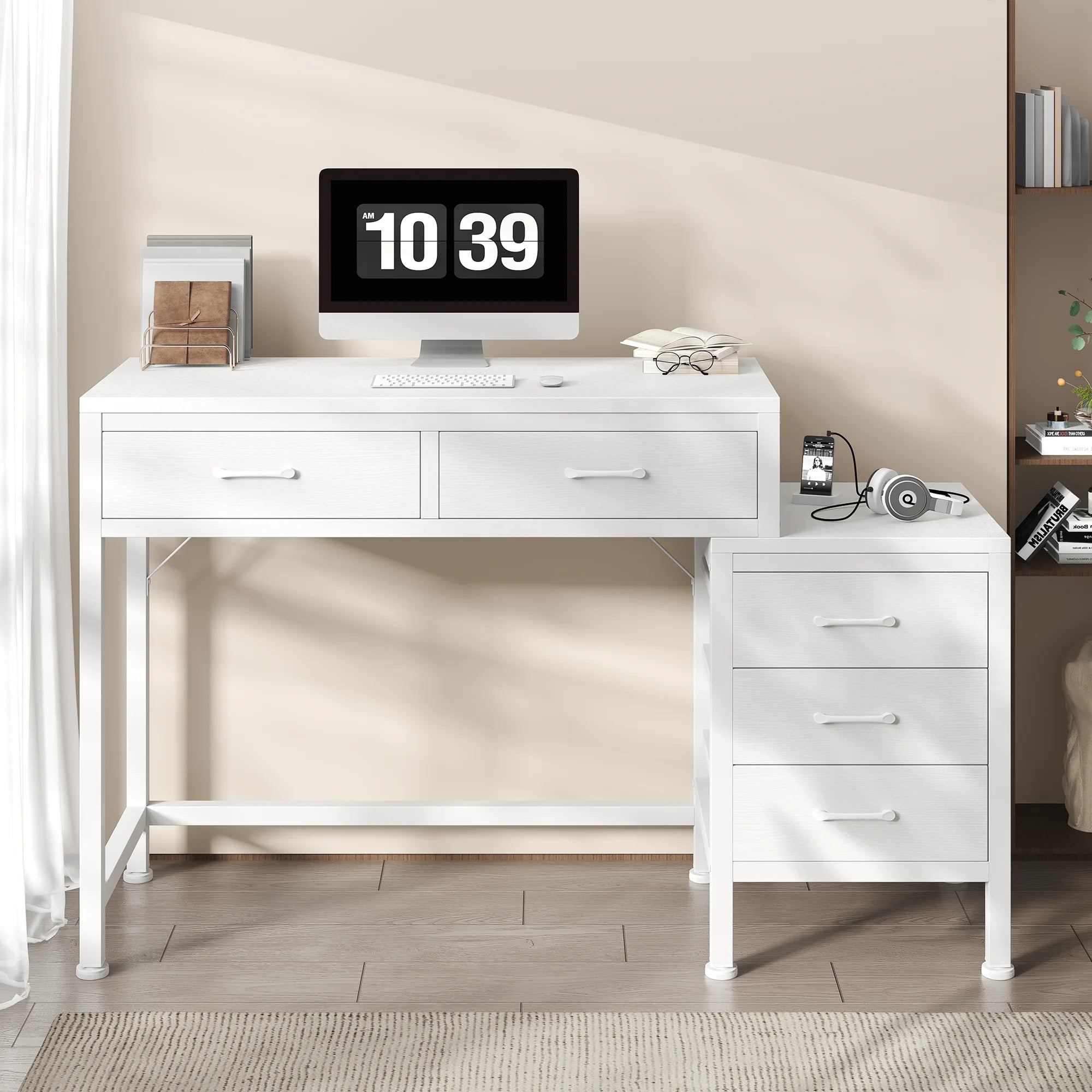 JHK 51IN Computer Desk with 5 Drawers Small Office Desk Computer Table with Printer Stand and Storage for Studying Writing