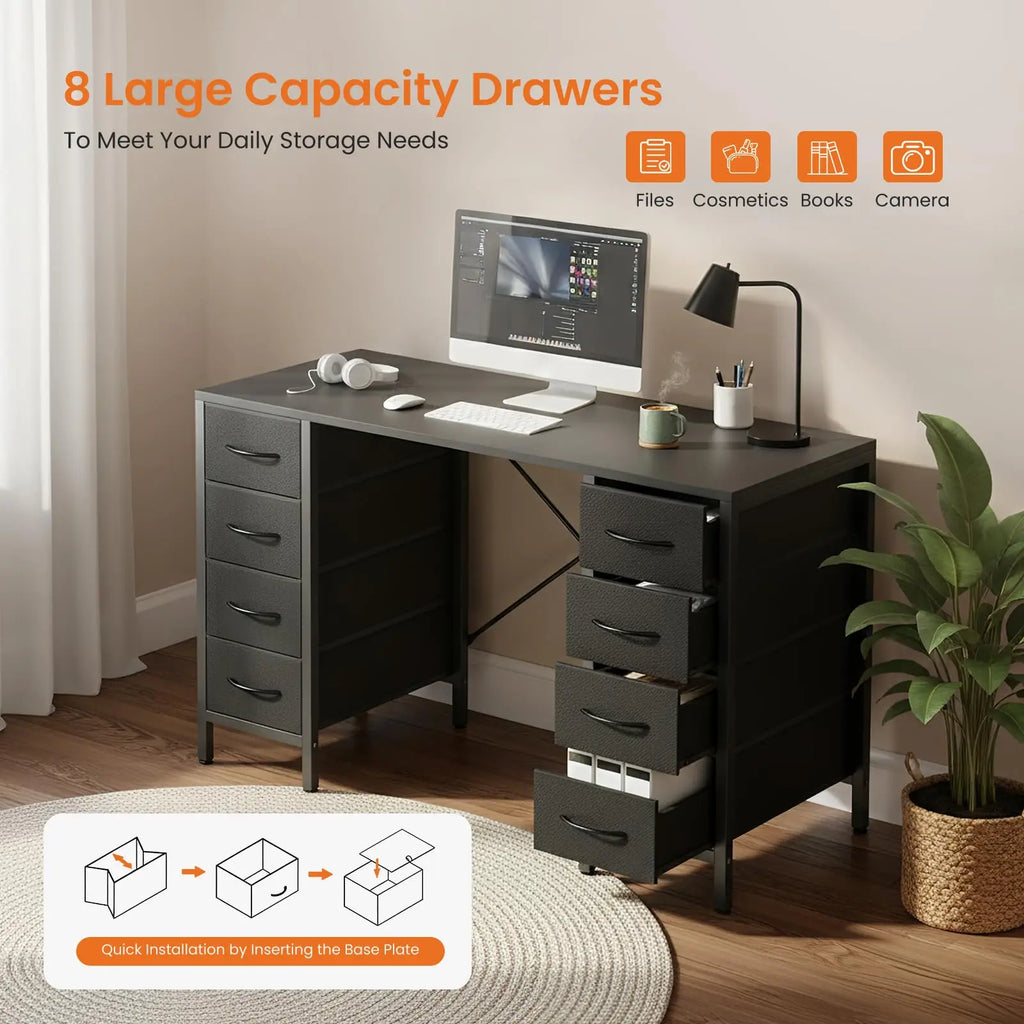 JHK 47 Inch Computer Desk with 8 Fabric Drawers Office Gaming Desk Writing Study Table with X-Shaped Reinforced Structure