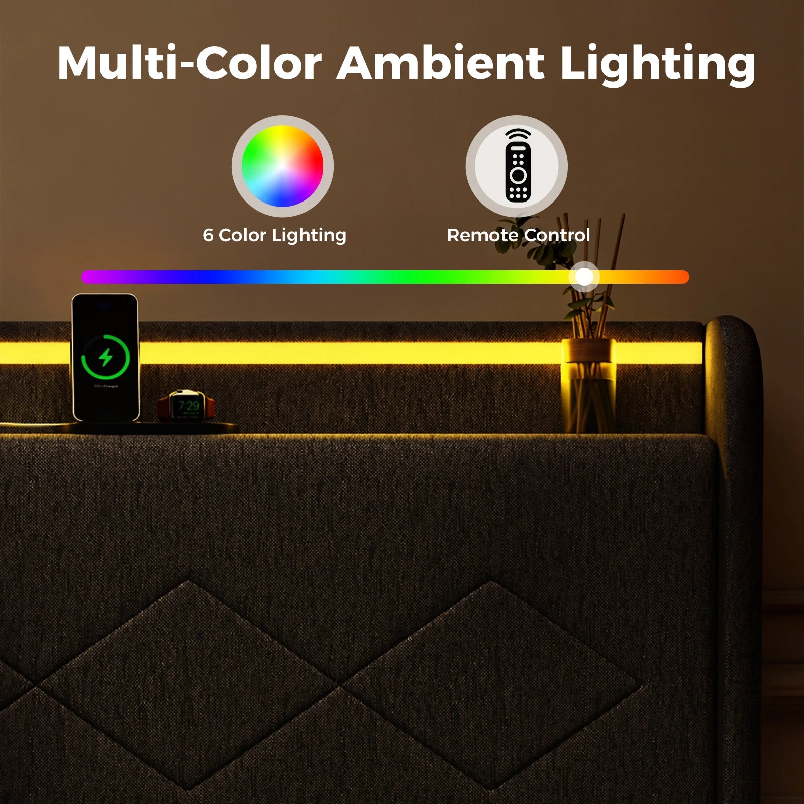 JHK Queen Size Upholstered Bed Frame with Adjustable Headboard 3 USB Charging Ports and LED Light Strip with Bluetooth Control
