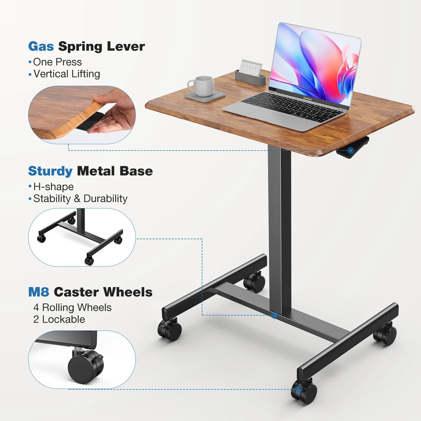 JHK Mobile Living Room Sofa Table Standing Desk Portable Computer Desk Laptop Height Adjustable Table Sitting Workstation