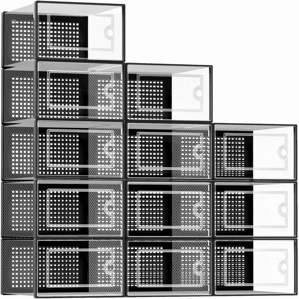 12-Pack Transparent Plastic Stackable Foldable Shoe Storage Boxes for Closet Sports Shoe Organizers Linkable Design Shoe Racks