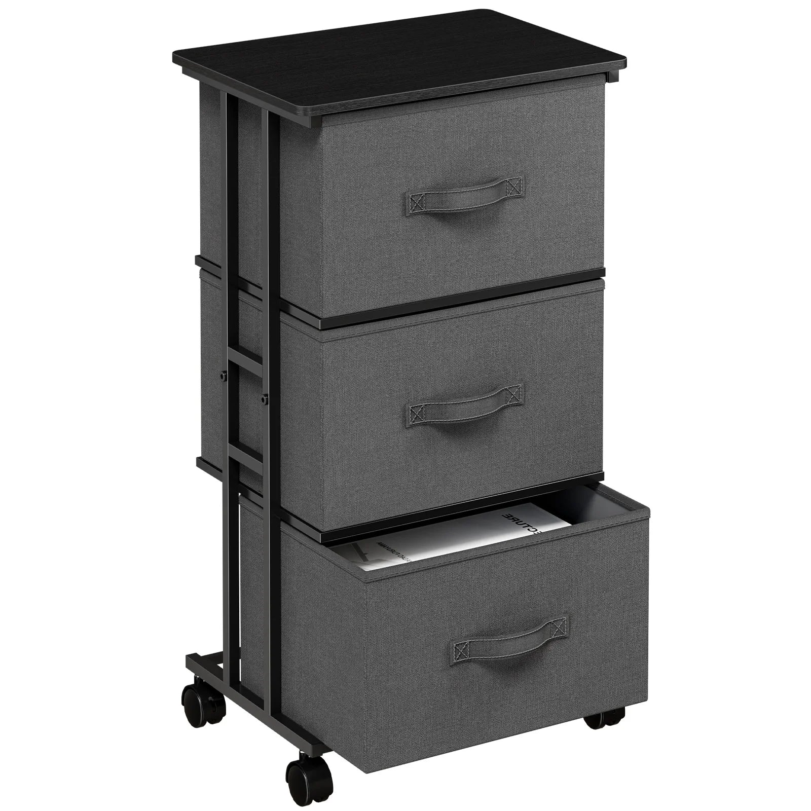 JHK 3 Foldable Fabric Drawers Cabinet For Living Room Wooden Top Movable Roller Beside Nightstand Tables With Steel Structure