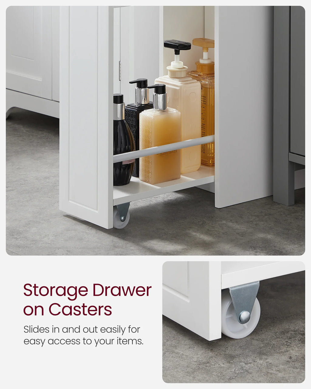VASAGLE Slim Storage Cabinet, Narrow Storage Organizer with Slide Out Drawers, Freestanding Toilet Paper Holder, Small Space Ski