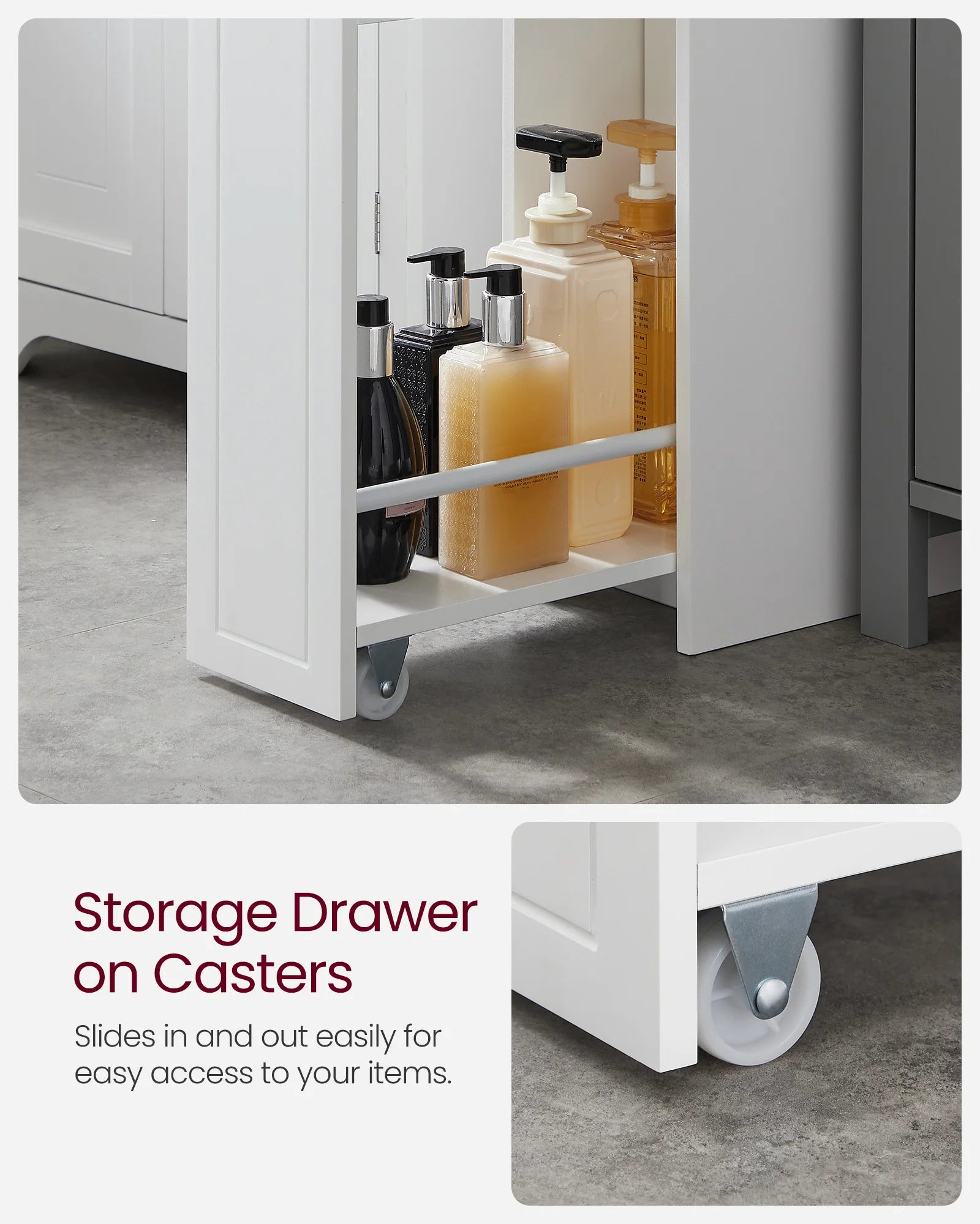 VASAGLE Slim Storage Cabinet, Narrow Storage Organizer with Slide Out Drawers, Freestanding Toilet Paper Holder, Small Space Ski