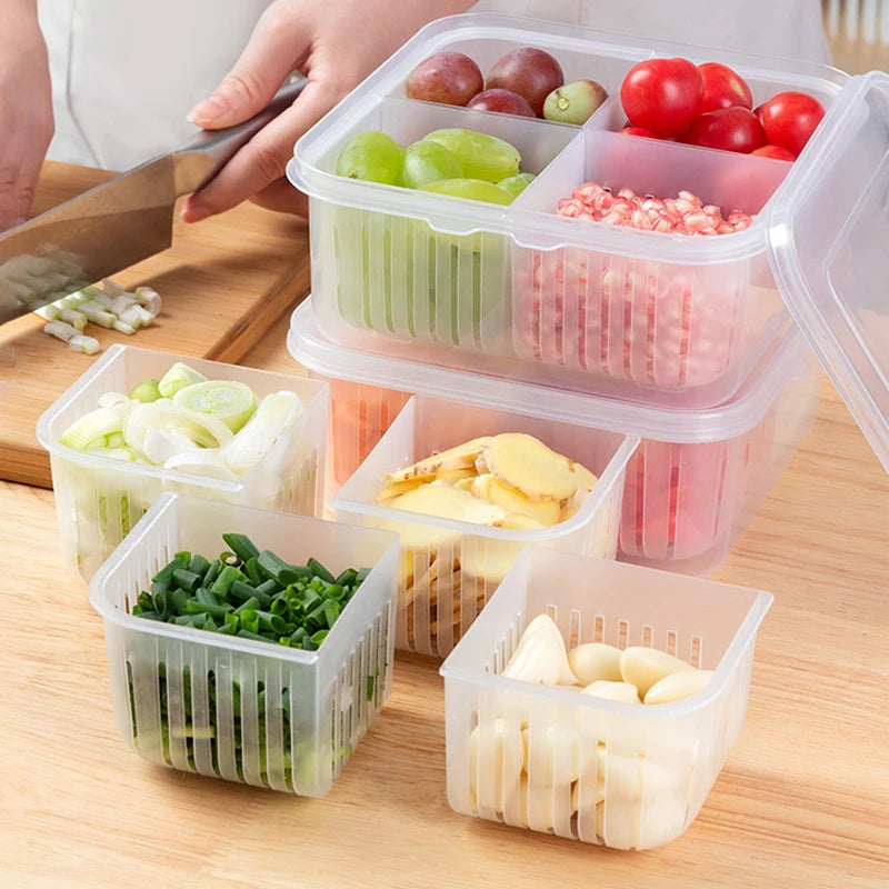 4 Grids Refrigerator Storage Box Food Vegetable Fruit Storage Box Fridge Organizer Drain Basket Meat Onion Ginger Clear Crisper