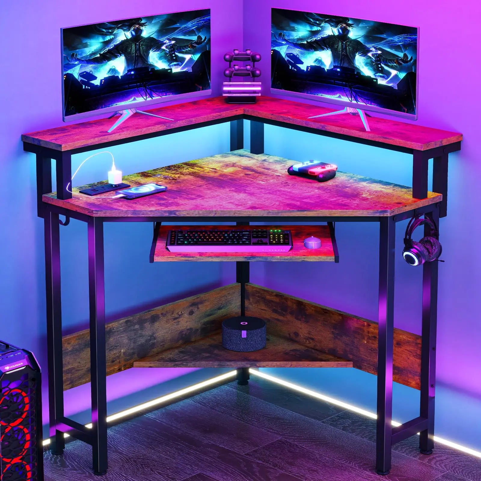 JHK Corner Desk Office Computer Desk for Small Space with LED Lights Gaming Table with Storage Shelves Power Outlets For Home