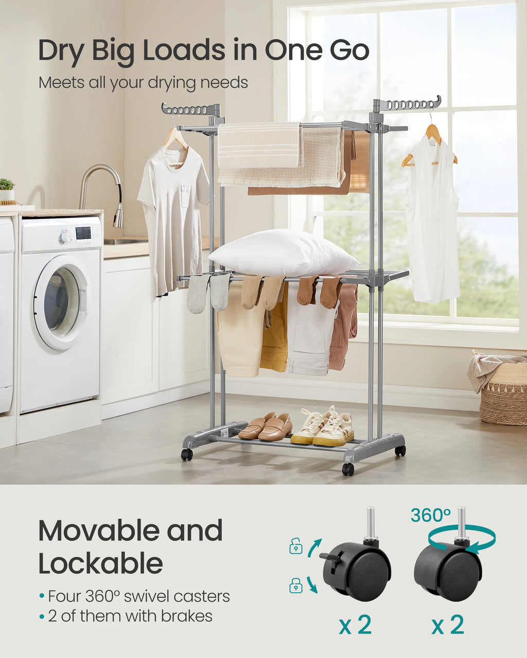 SONGMICS Clothes Drying Rack 3-Tier, Foldable Laundry Drying Rack 58.3-Inch Tall, Stainless Steel, Rolling Clothes Horses, Cloth