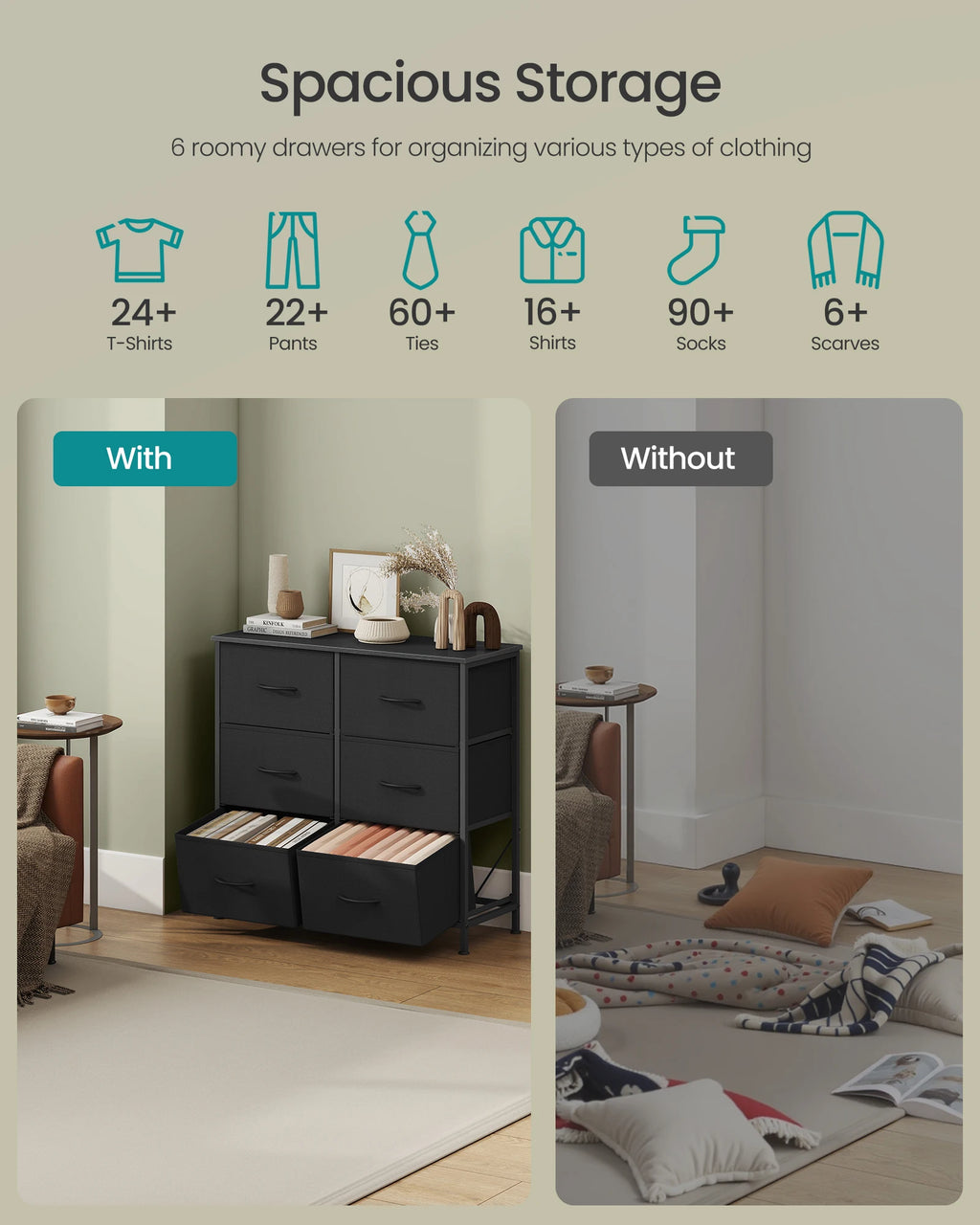 SONGMICS Dresser for Bedroom, Chest of Drawers, TV Stand, Steel, MDF, 6 Non-Woven Fabric Drawers, Storage Organizer Unit, Closet