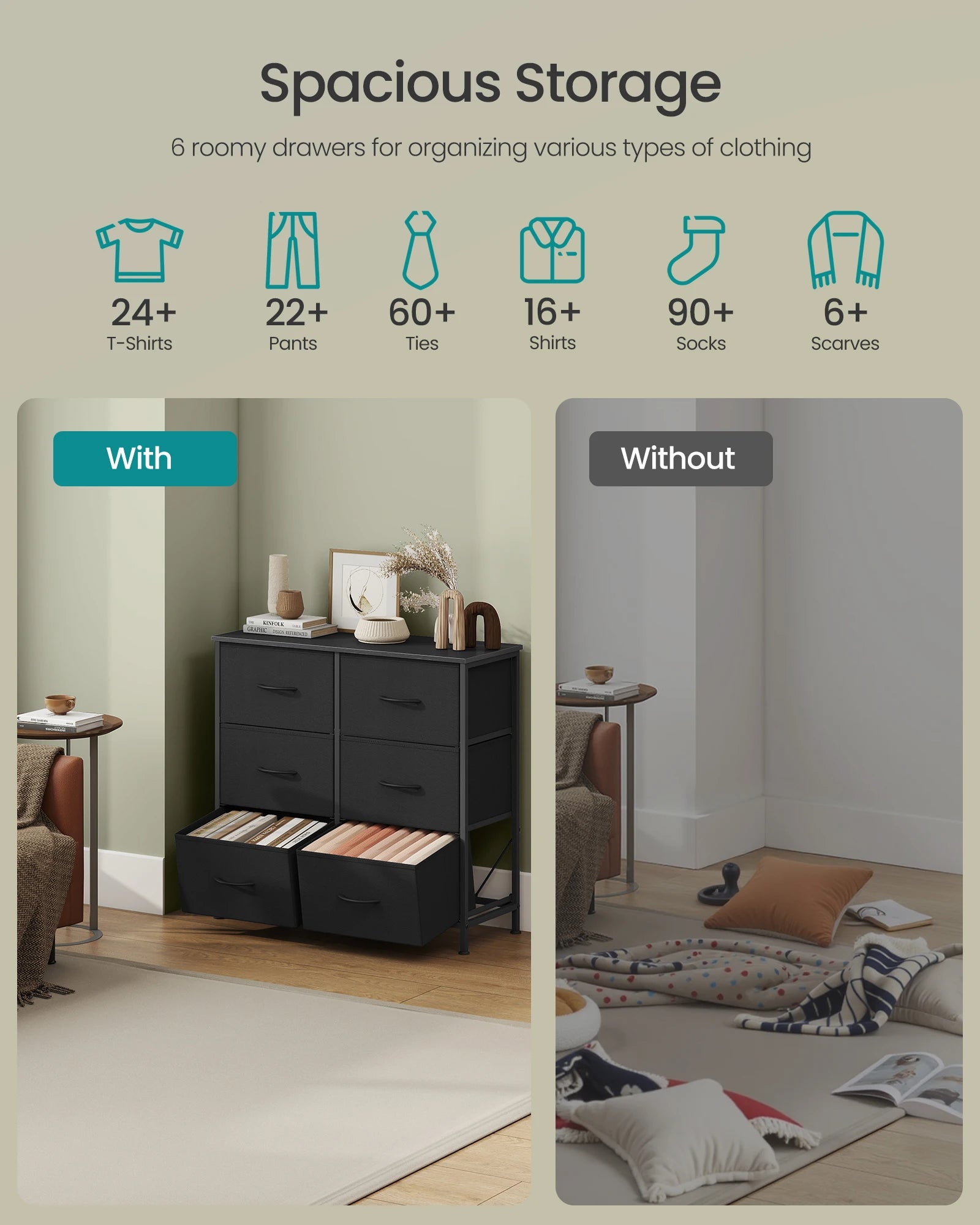 SONGMICS Dresser for Bedroom, Chest of Drawers, TV Stand, Steel, MDF, 6 Non-Woven Fabric Drawers, Storage Organizer Unit, Closet