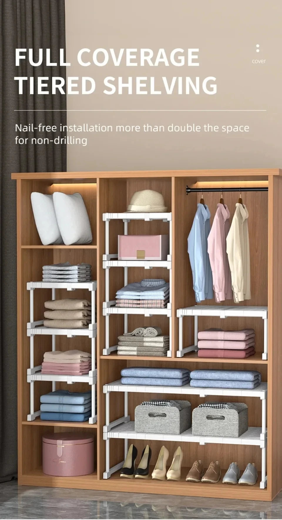 Closet Shelf Wardrobe Organizer Stackable Shelves Clother Storage Rack Telescopic Punch-Free Adjustable Wardrobe Divider Board