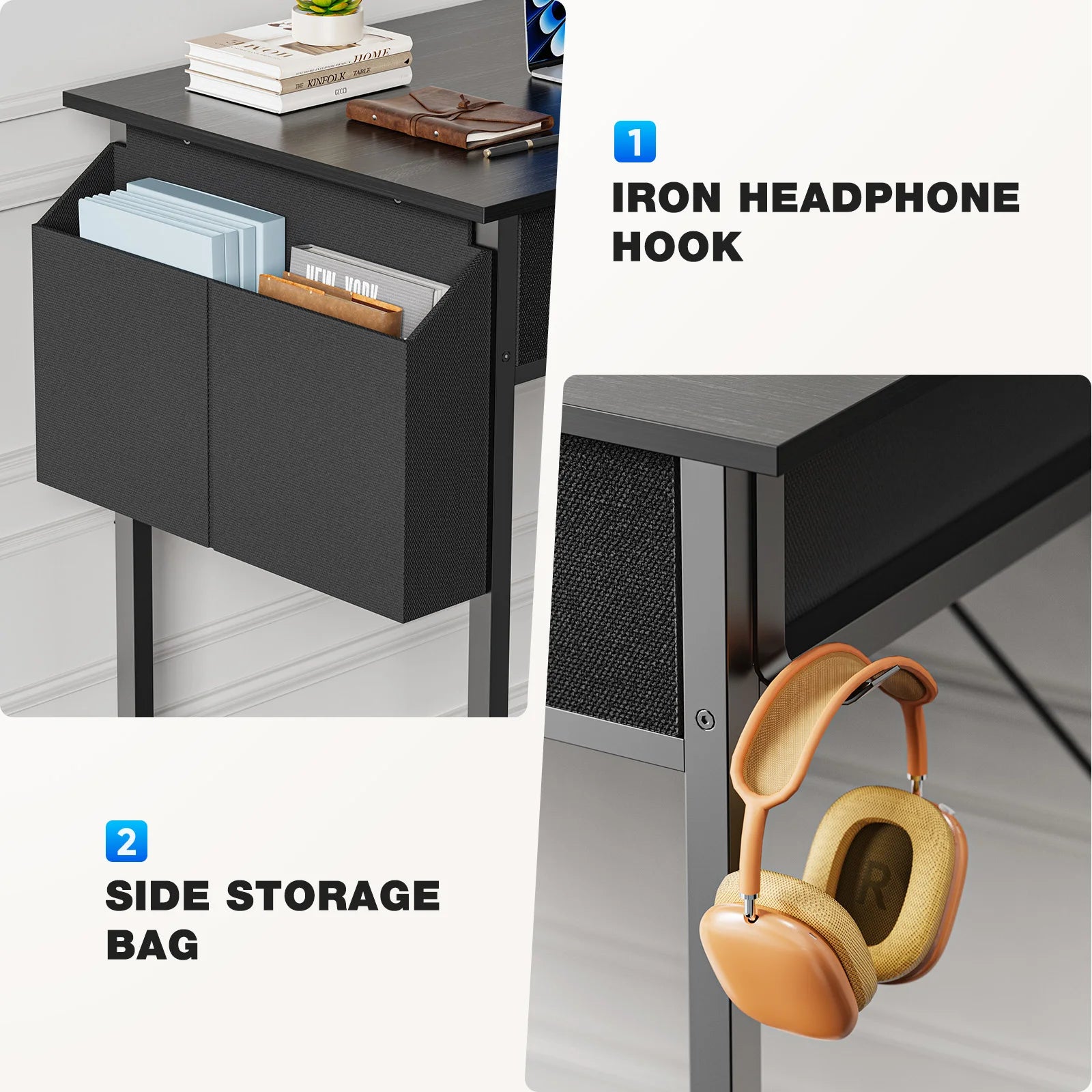 JHK Modern Office Computer Desk 32 Inch with Fabric Storage Drawers Space Side Bag Metal Frame Adjustable Feet For Home PC Table