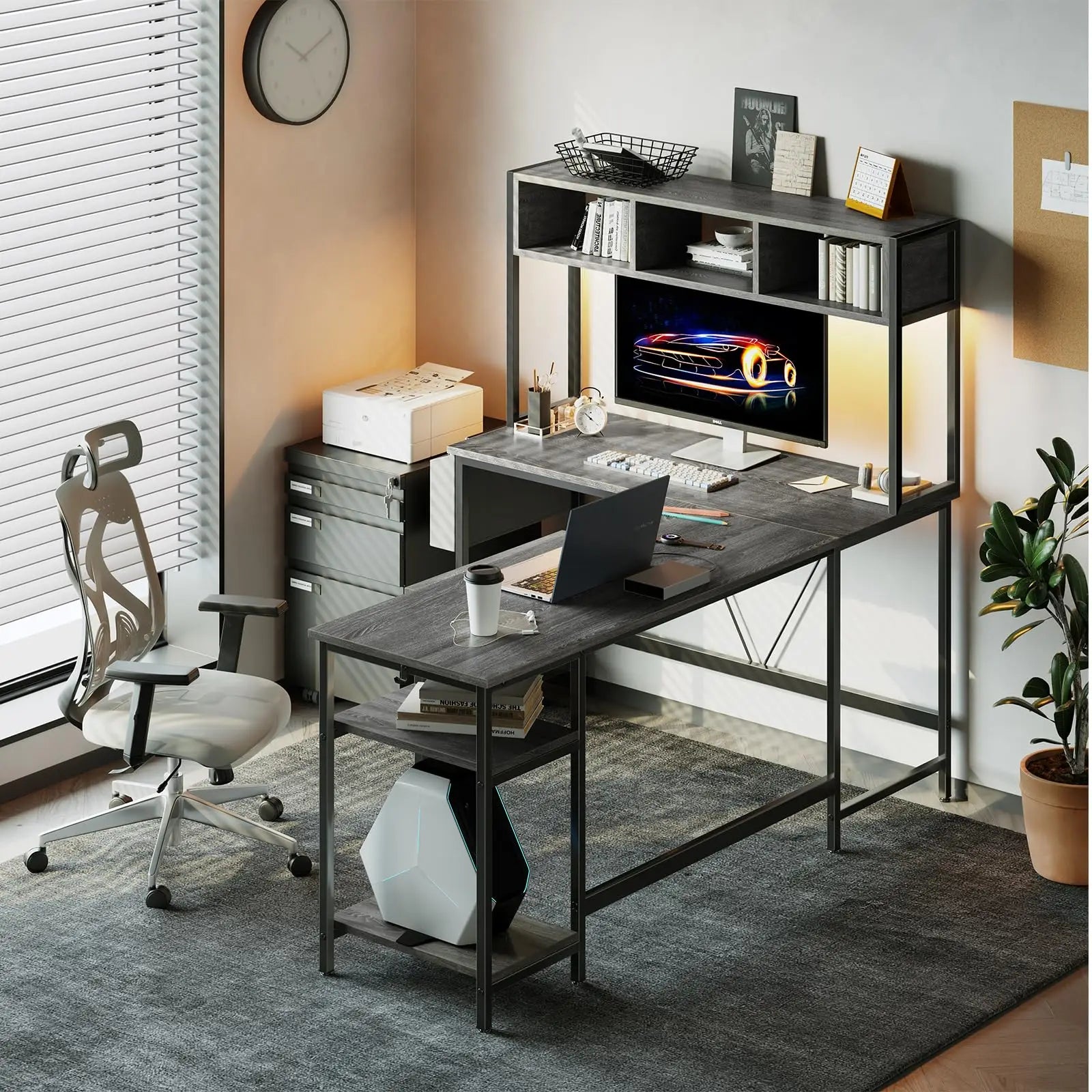 JHK 67IN L Shaped Reversible Gaming Desk with Led Lights Corner Table Keyboard Tray Side Bag Storage Shelf Wood Table for Office