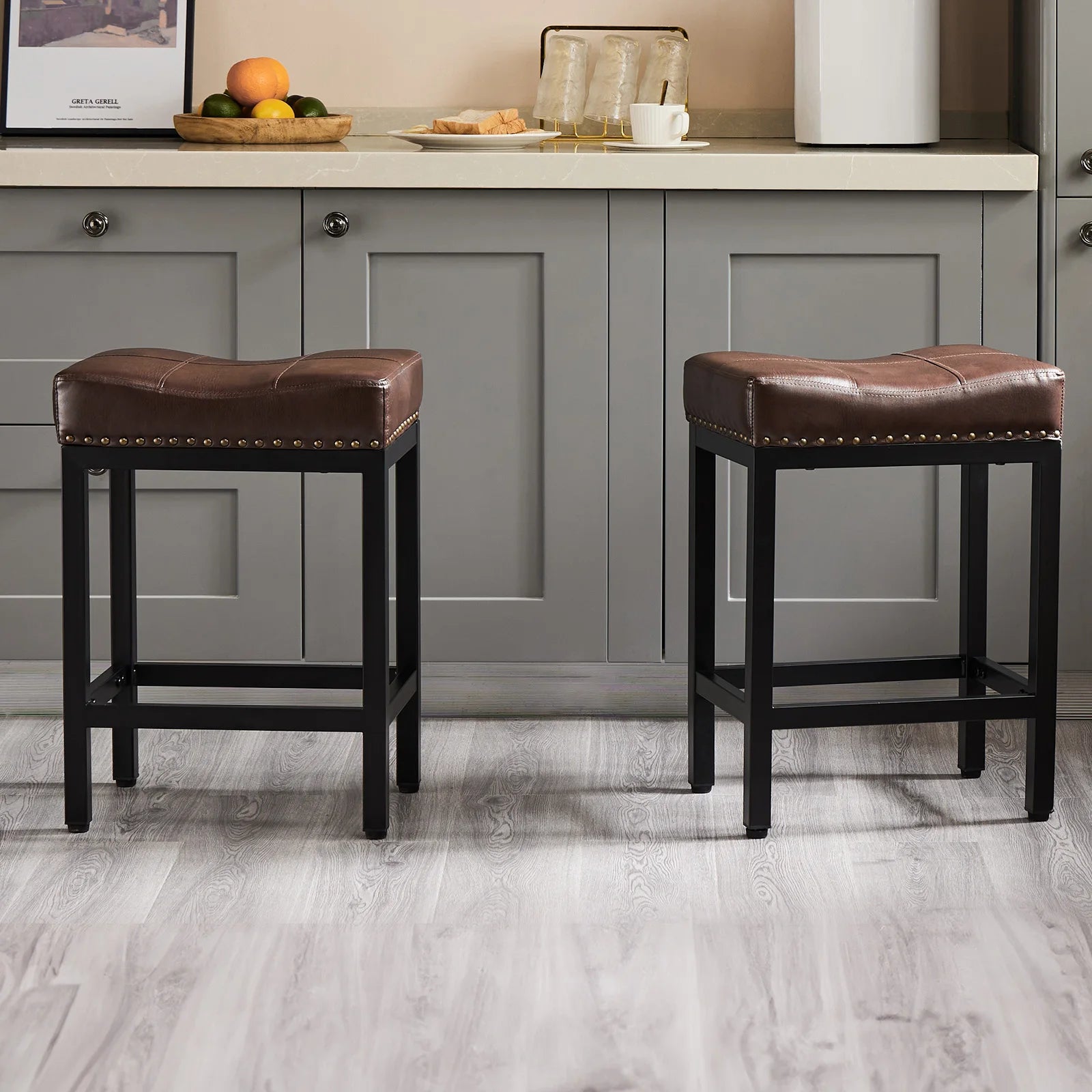 JHK Bar Stools Saddle-Style Pu Leather Upholstered Chair Counter Height Bar Stools with Metal Base Saddle Stools For Kitchen