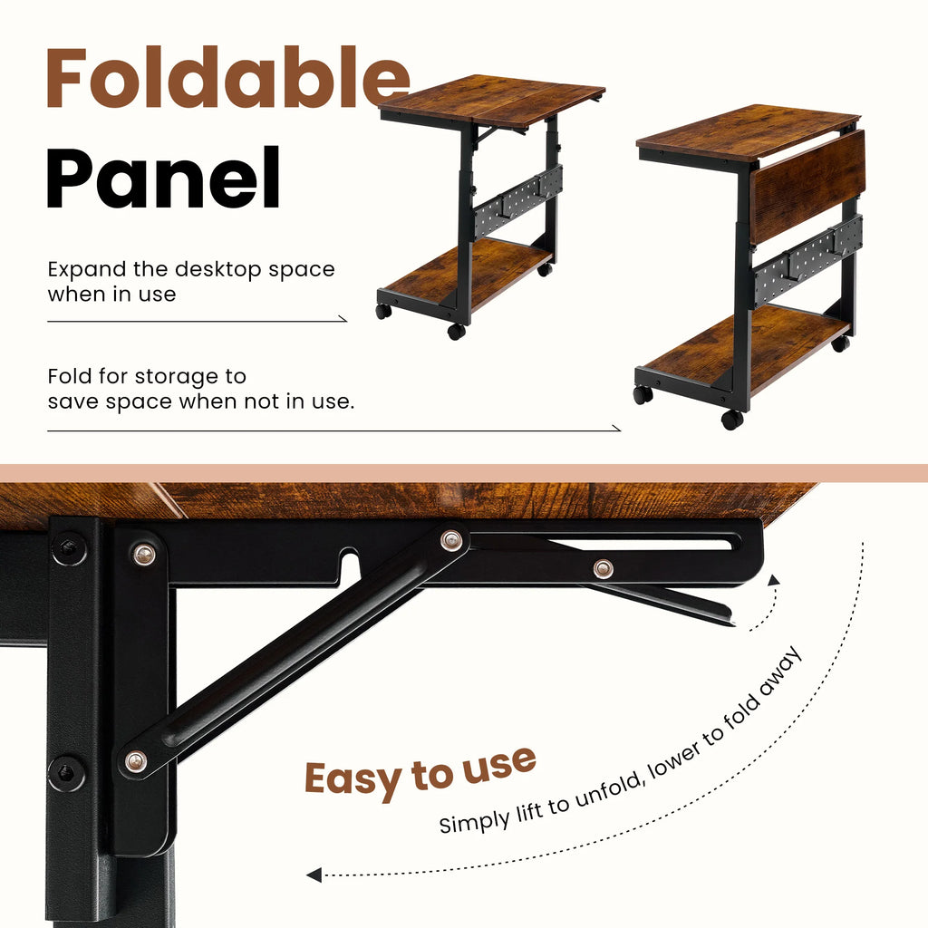 JHK 2-Tier Mobile Standing Sofa Desk 25IN Height Adjustable PC Stand with Folding Panel Rolling Computer Cart Desk For Home