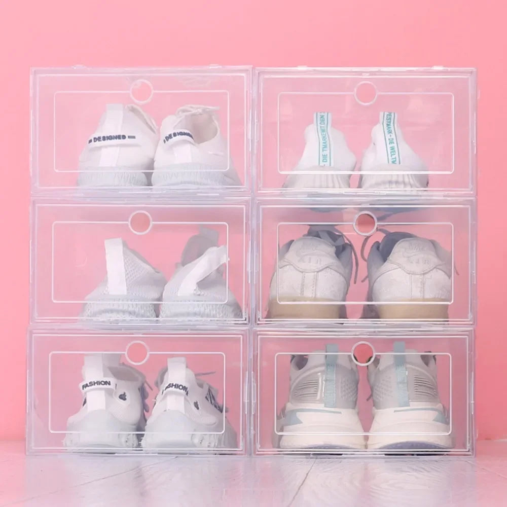 6pcs Transparent Shoe Boxes Stackable Shoe Cases Storage Plastic Shoes Box Dustproof Sneaker Boxes Shoes Furniture Organizers