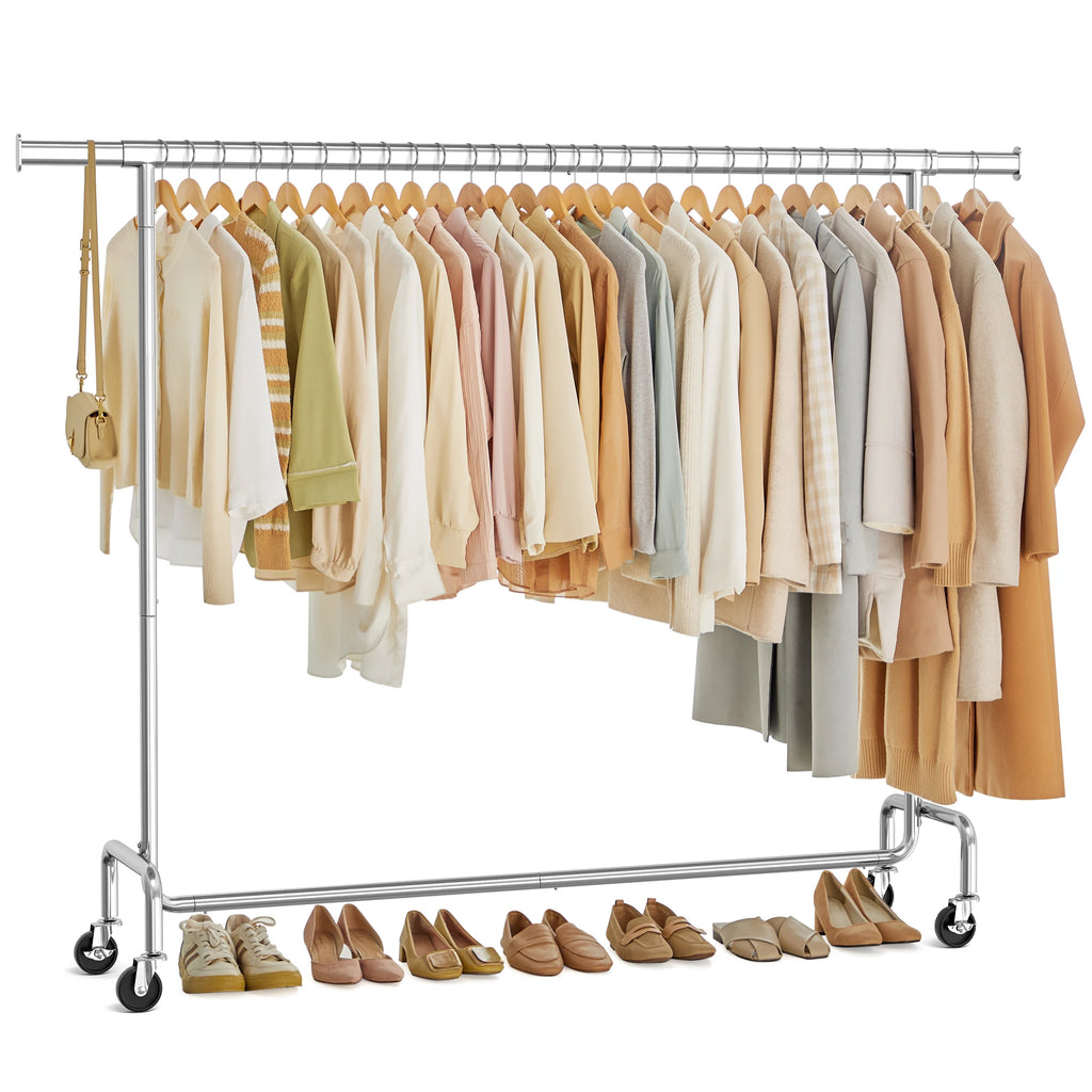 SONGMICS Clothes Rack with Wheels, Heavy-Duty Garment Rack with Extendable Hanging Rod, 243 lb Load Capacity, 17.7 x (63-78.7) x
