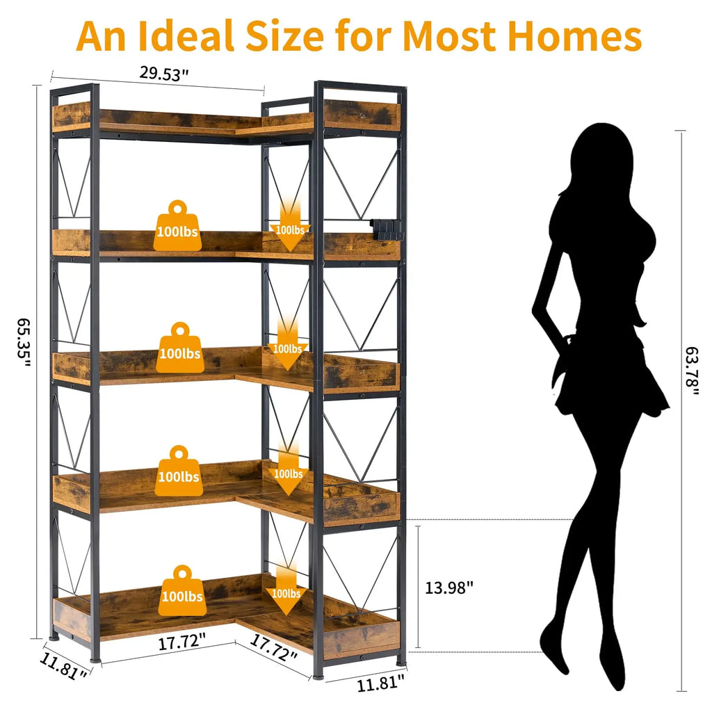 JHK 65 inch L Shaped Bookshelf 5 Tier Corner Bookcase with Hooks and Edge Metal Frame Wooden Open Storage for Living Room Home