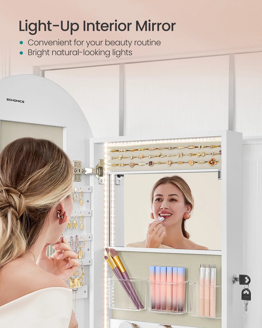 SONGMICS Wide Jewelry Organizer, LED Jewelry Cabinet Wall/Door Mounted, Arched Mirror with Storage, Lockable, Rounded Corner