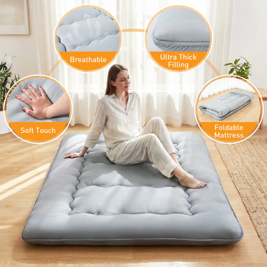 JHK Foldable 4 Inch Soft Bed Mattress Full Queen Size Thick Mattress Soft and Breathable Portable Bed Topper Bedroom Home Use