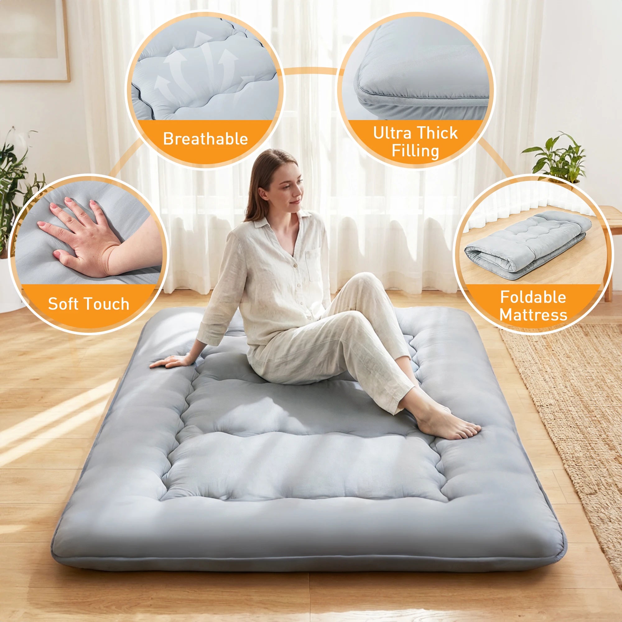 JHK Foldable 4 Inch Soft Bed Mattress Full Queen Size Thick Mattress Soft and Breathable Portable Bed Topper Bedroom Home Use
