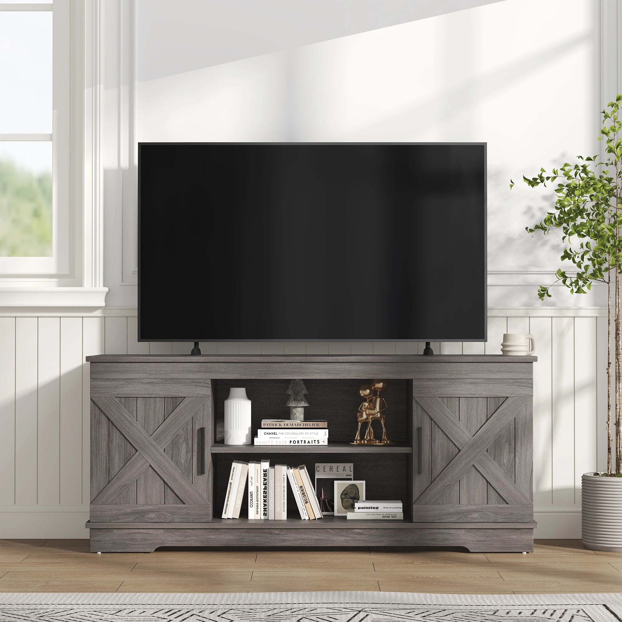 JHK 58IN Wooden TV Stand For Up To 65 Inch TV Double Door Cabinet Entertainment Center Media Console 2 Storage For Living Room