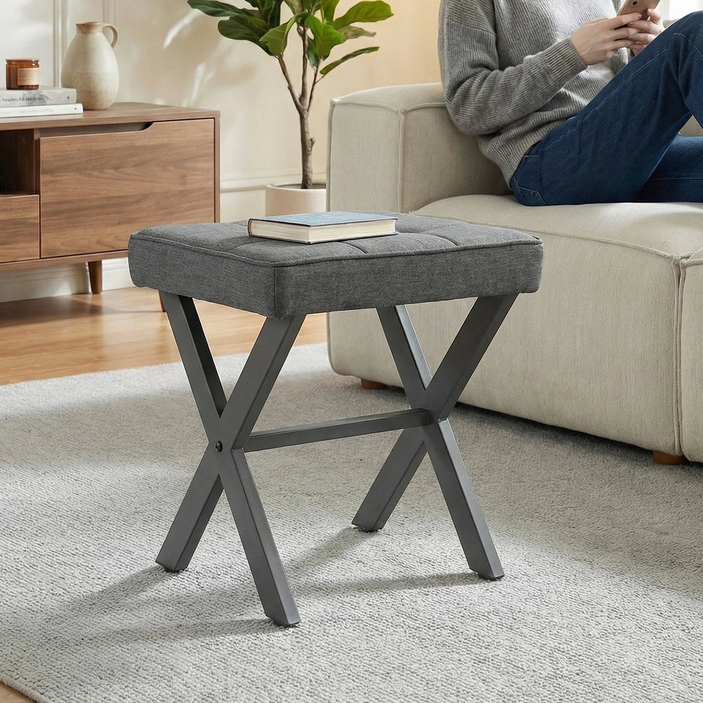 JHK Ottoman Square Linen Footstool Chair Metal X Legs Comfortable Padded Seat Vanity Makeup Stool Space-Saving for Living Room