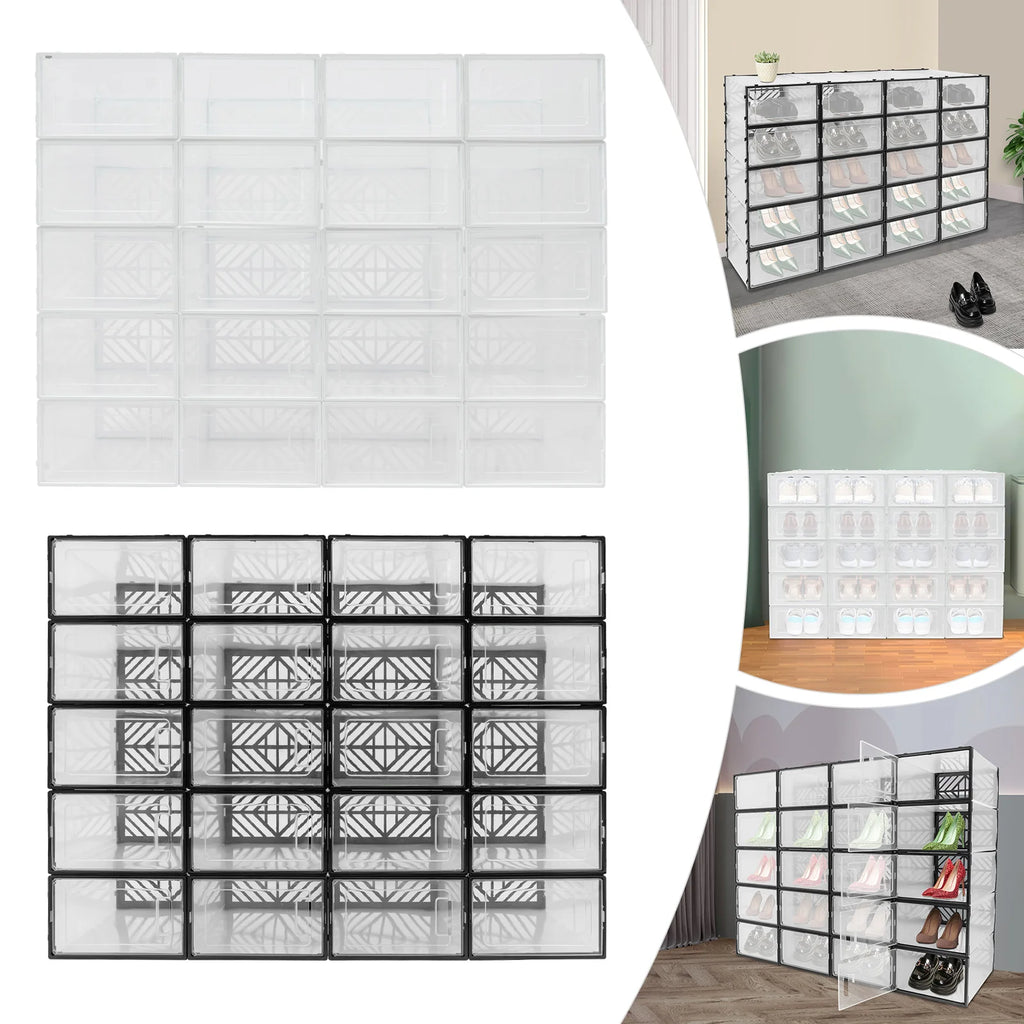 20 Pcs Shoe Storage Box Transparent PP Plastic Shoe Cabinet Moisture & Dust Proof Modern Organizer Black/White