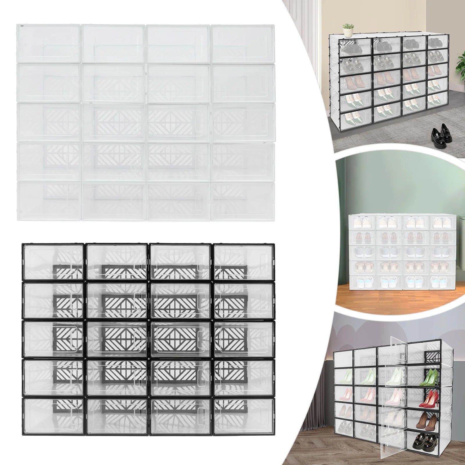 20 Pcs Shoe Storage Box Transparent PP Plastic Shoe Cabinet Moisture & Dust Proof Modern Organizer Black/White