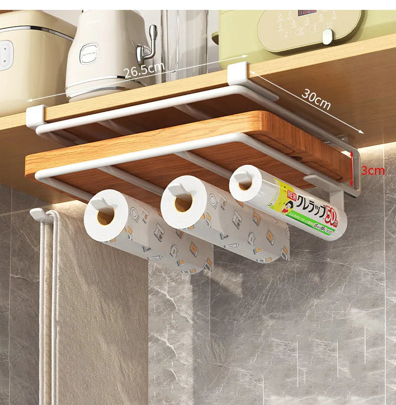Under Kitchen Cabinet Hanging Organizer Cutting Board Storage Rack Paper Towel Holder No Punch Pot Lid Storage Kitchenware Hook