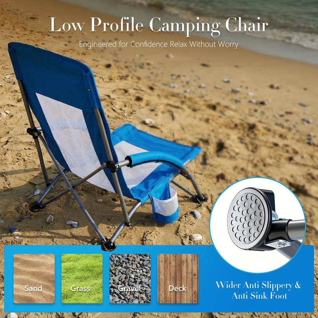JHK Portable Low Beach Camping Chair Folding Chair with Cup Holder Padded Armrests Sturdy Steel Frame Outdoor Picnic Chair