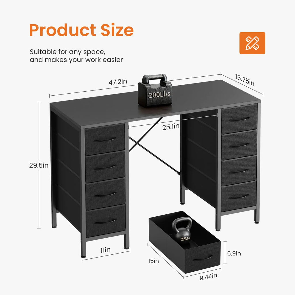 JHK 47 Inch Computer Desk with 8 Fabric Drawers Office Gaming Desk Writing Study Table with X-Shaped Reinforced Structure