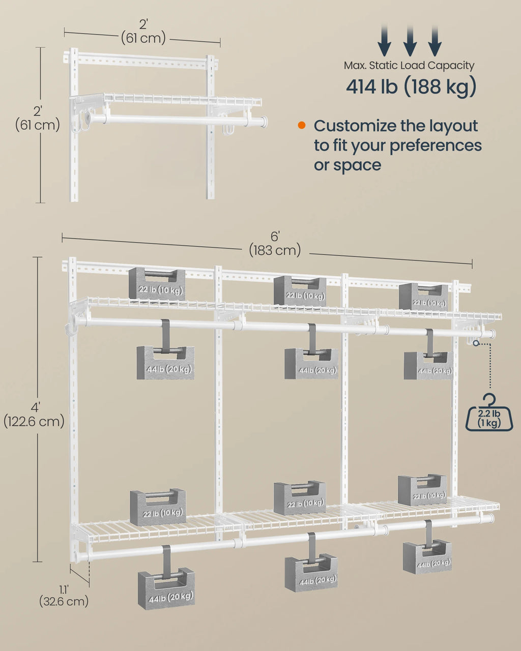 SONGMICS HOME Closet System, Closet Insert Organizer, 4-6 ft, Adjustable Metal Shelving Unit with 6 Hanging Rods, 6 Shelves, and