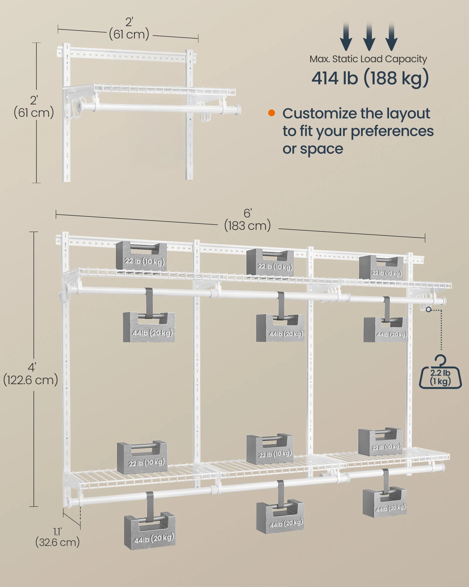 SONGMICS HOME Closet System, Closet Insert Organizer, 4-6 ft, Adjustable Metal Shelving Unit with 6 Hanging Rods, 6 Shelves, and