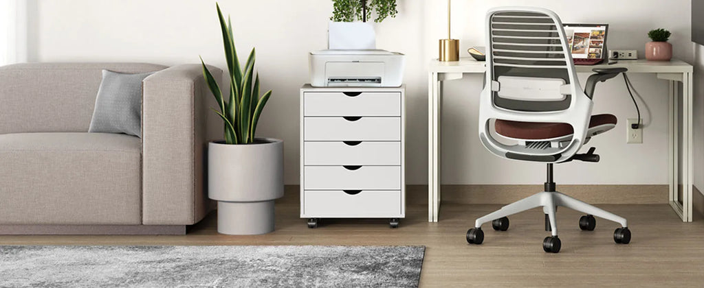 JHK Wood Nightstand Cabinet 5 Drawers Waterproof Surface Storage Organizer File Office Easy To Move Bedside Table Rotating Wheel