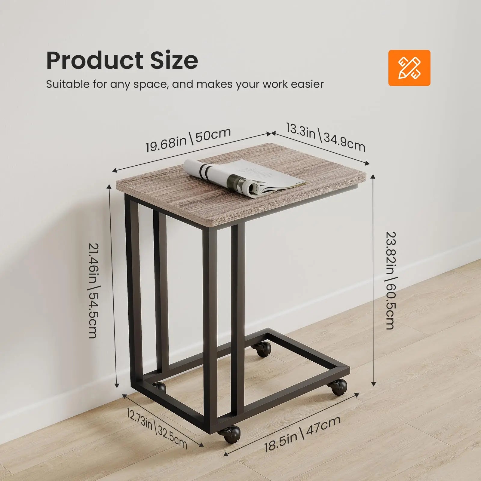 JHK Wood Sofa Table Overbed Bedside Desk Portable Rolling with Wheels Metal Frame Adjustable Feet  for Living Room Bedroom