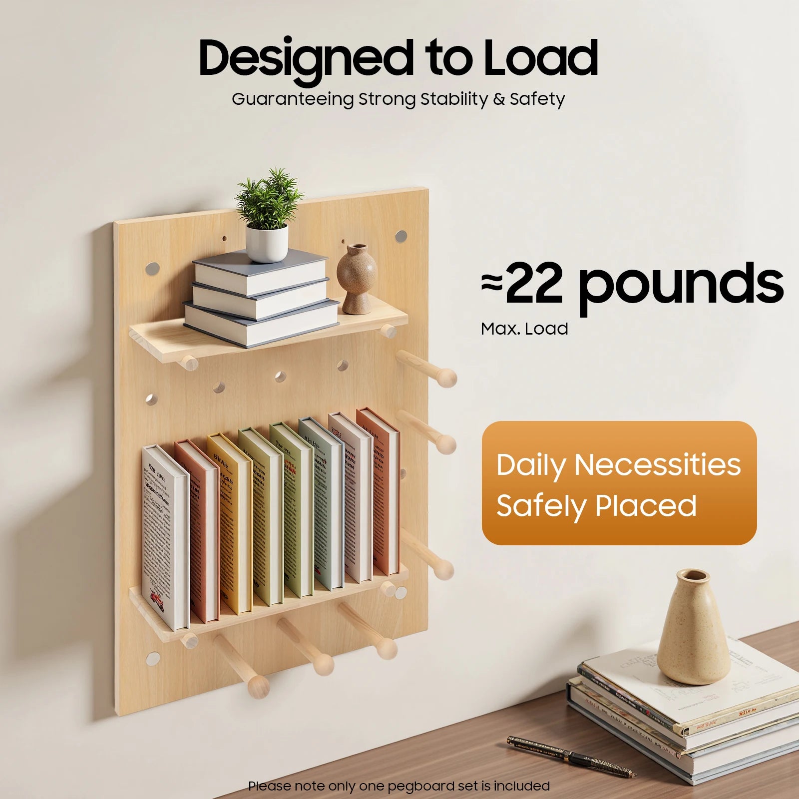 Wall Mount Wood Pegboard, Natural Wood Storage Display Shelf Wall Organizer, Kitchen Office DIY Tool Board Panel Rack Load 10kg