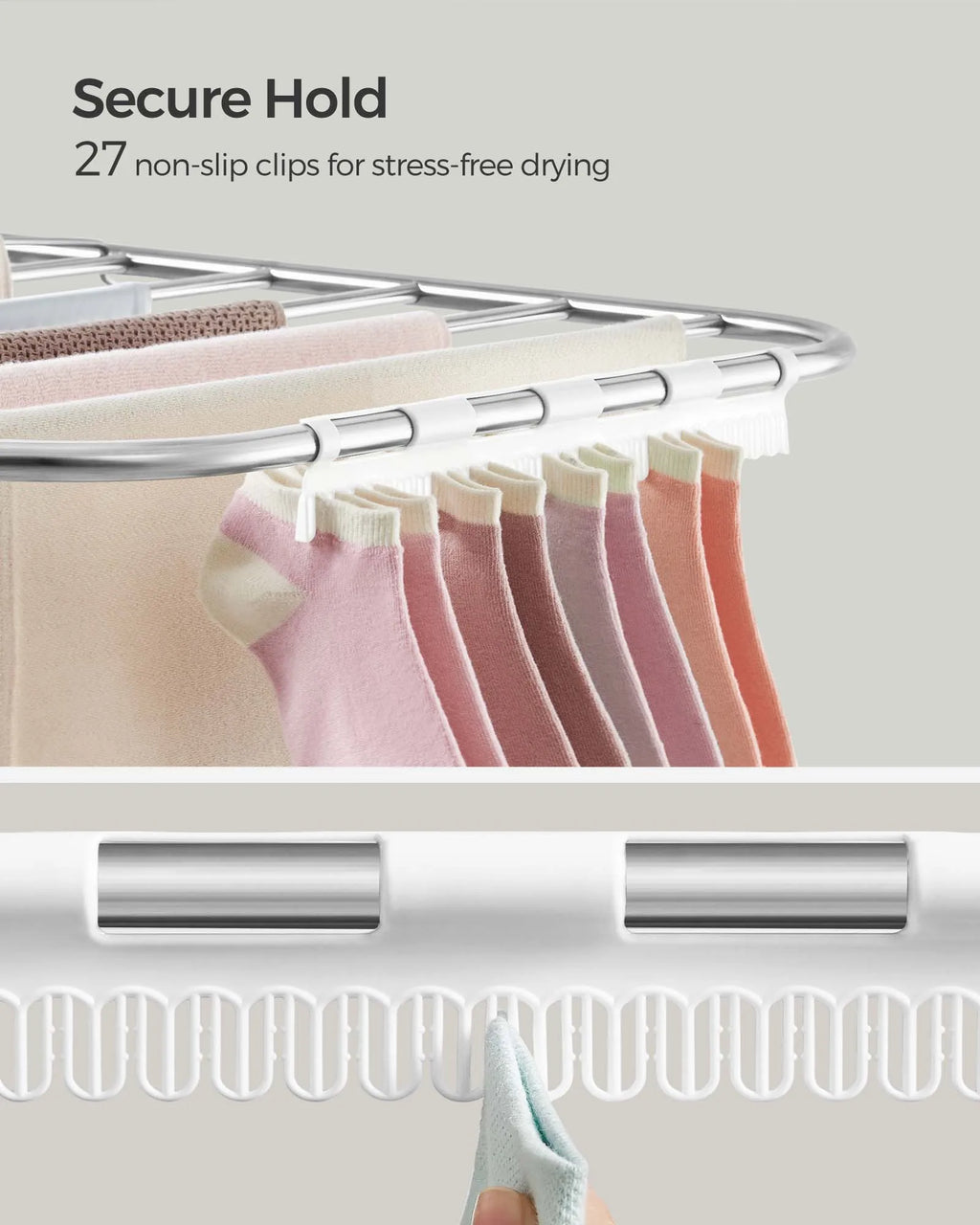 SONGMICS Clothes Drying Rack, with Sock Clips, Metal Laundry Rack, Foldable, Space-Saving, Free-Standing Airer, with 2 Height-Ad