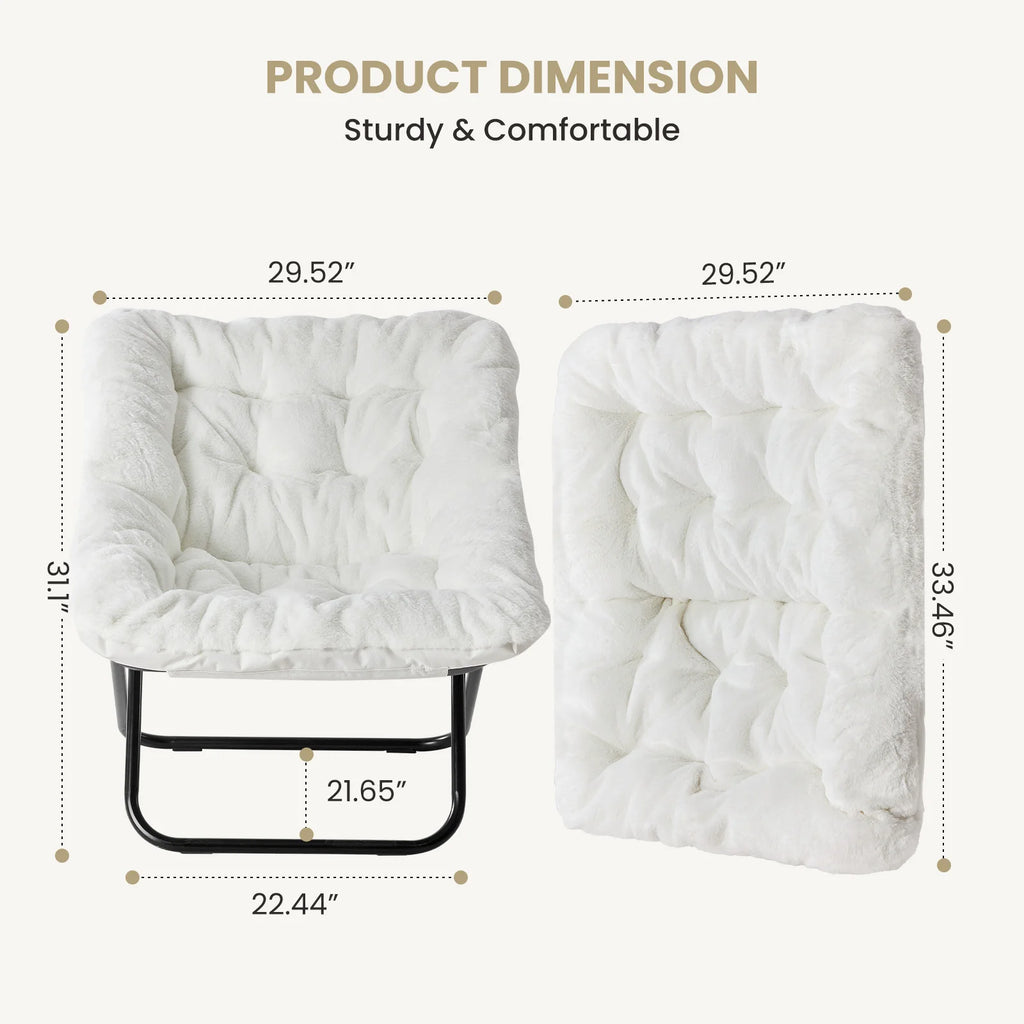 JHK 28IN Cozy Saucer Chairs Soft Faux Fur Large Size Folding Lounge Living Room Padded Seat Metal Frame Reading Chair Furniture