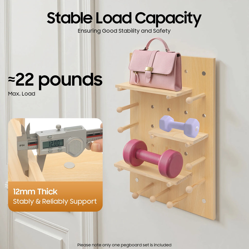 Wall Mount Wood Pegboard, Natural Wood Storage Display Shelf Wall Organizer, Kitchen Office DIY Tool Board Panel Rack Load 10kg