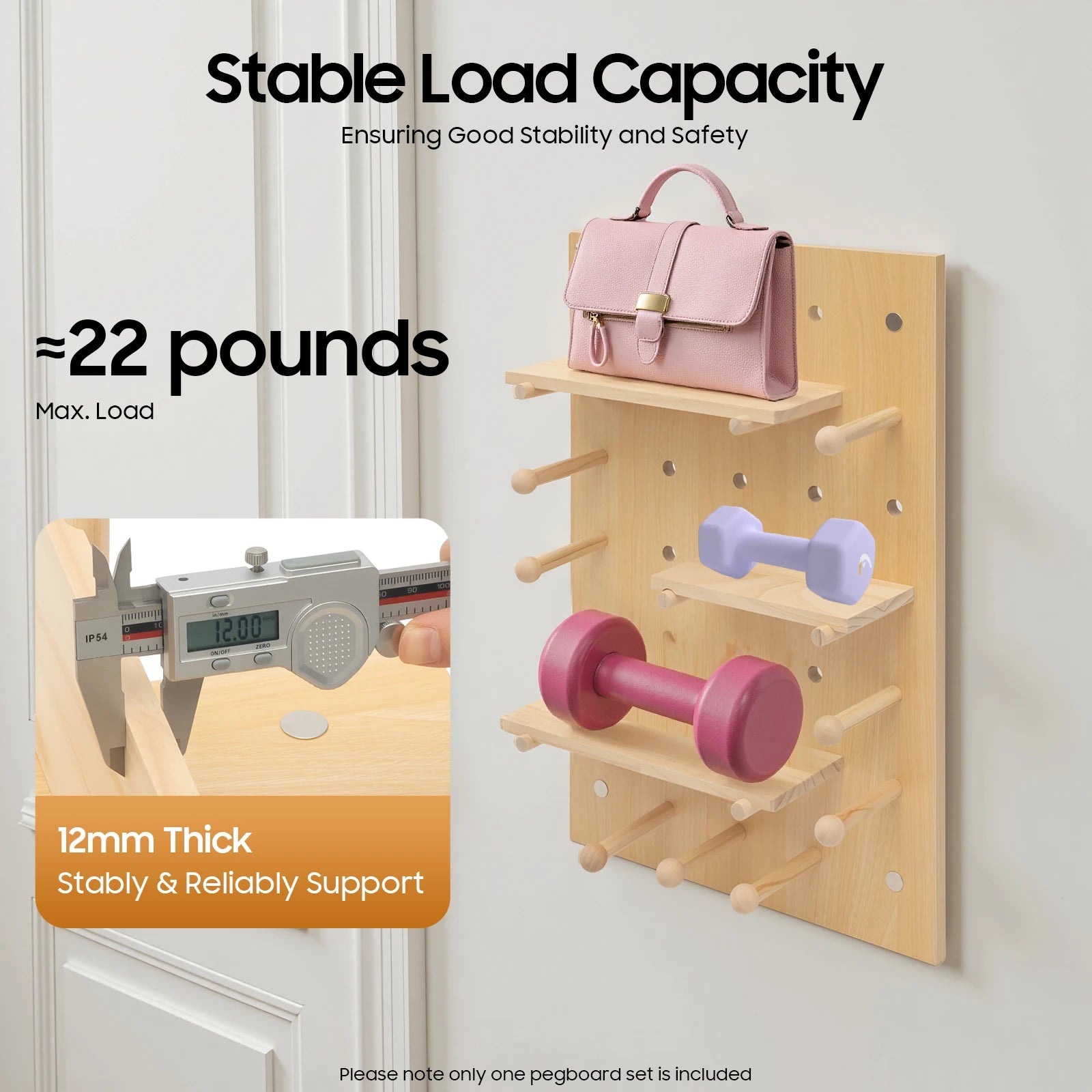 Wall Mount Wood Pegboard, Natural Wood Storage Display Shelf Wall Organizer, Kitchen Office DIY Tool Board Panel Rack Load 10kg