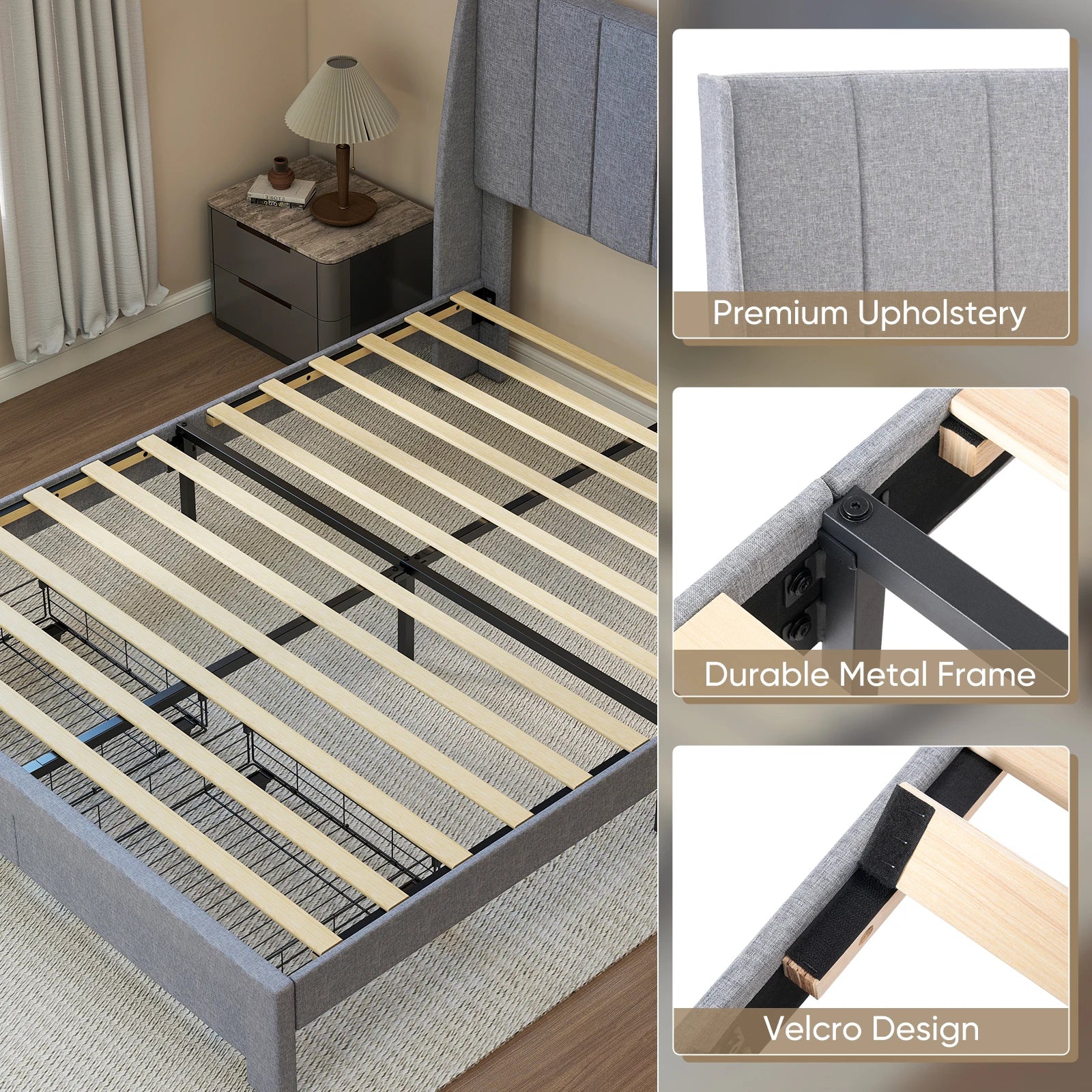 JHK Bed Frame with 2 Drawers Headboard Wood Slats Support Upholstered Platform Bed with and Storage Bed Frame for Home Bedroom