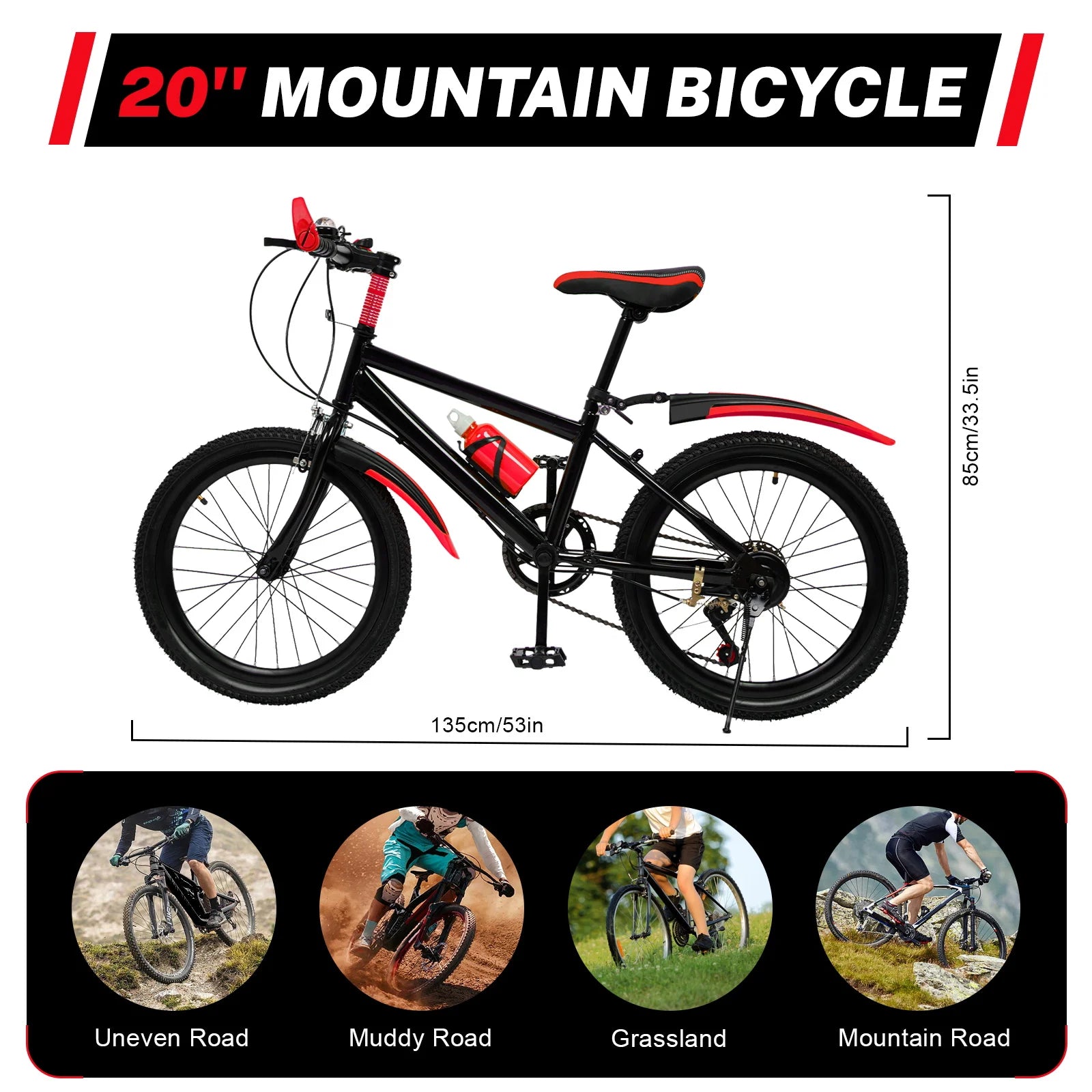 20" Mountain Bike 7 Speeds Kids Bicycle Dual-Disc Brakes Unisex Children's Bicycle Height Adjustable MTB Boys Girls Riding Bike