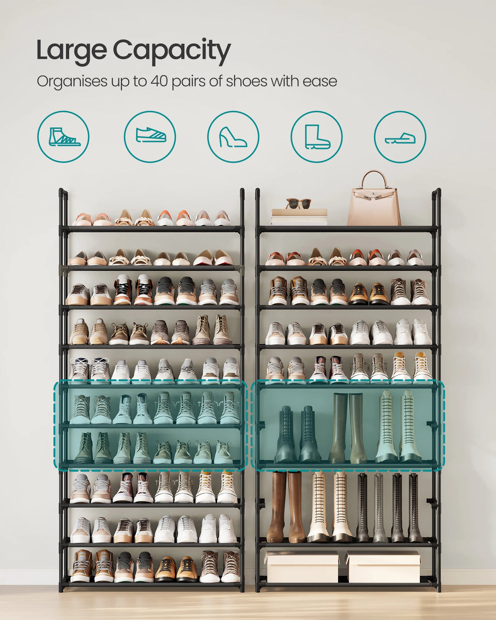 SONGMICS Shoe Rack, 10-Tier Shoe Shelf, Shoe Storage Organizer, 11 x 32.7 x 68 Inches, Metal Frame, Non-Woven Fabric Shelves, fo