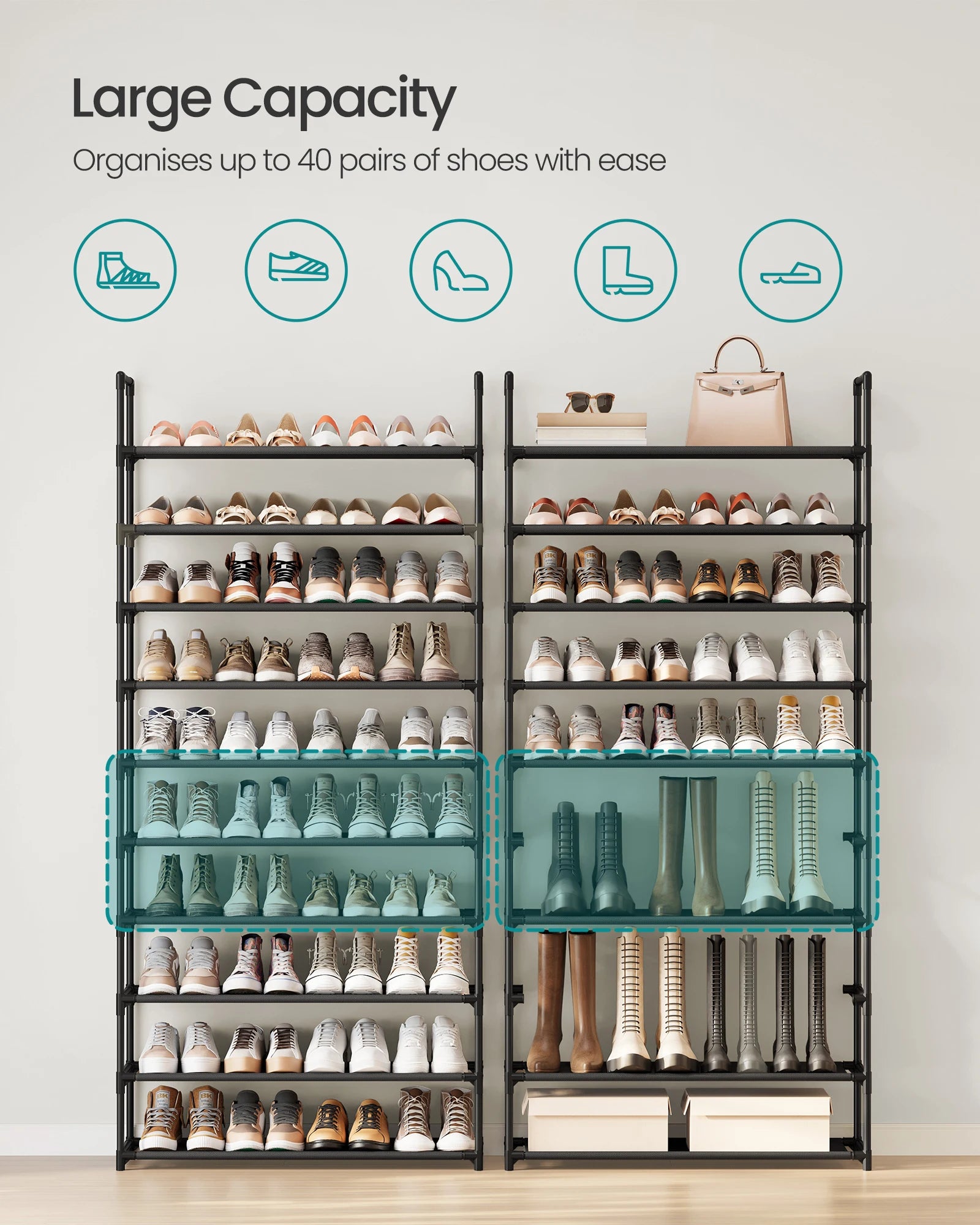 SONGMICS Shoe Rack, 10-Tier Shoe Shelf, Shoe Storage Organizer, 11 x 32.7 x 68 Inches, Metal Frame, Non-Woven Fabric Shelves, fo
