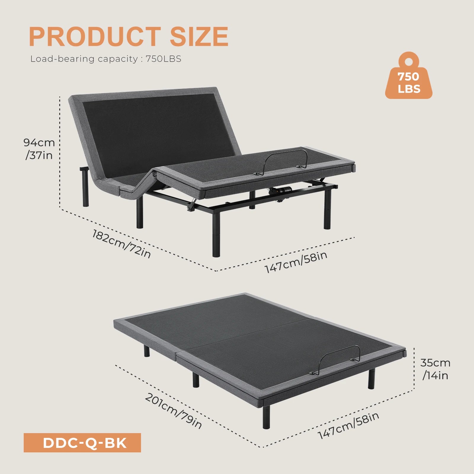 JHK Electric Queen Size Bed Ergonomic Adjustable Bed Frame with Wireless Remote Zero Gravity Bed with 2 USB Ports For Bed Room