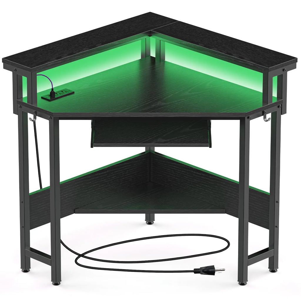 JHK Corner Desk Office Computer Desk for Small Space with LED Lights Gaming Table with Storage Shelves Power Outlets For Home